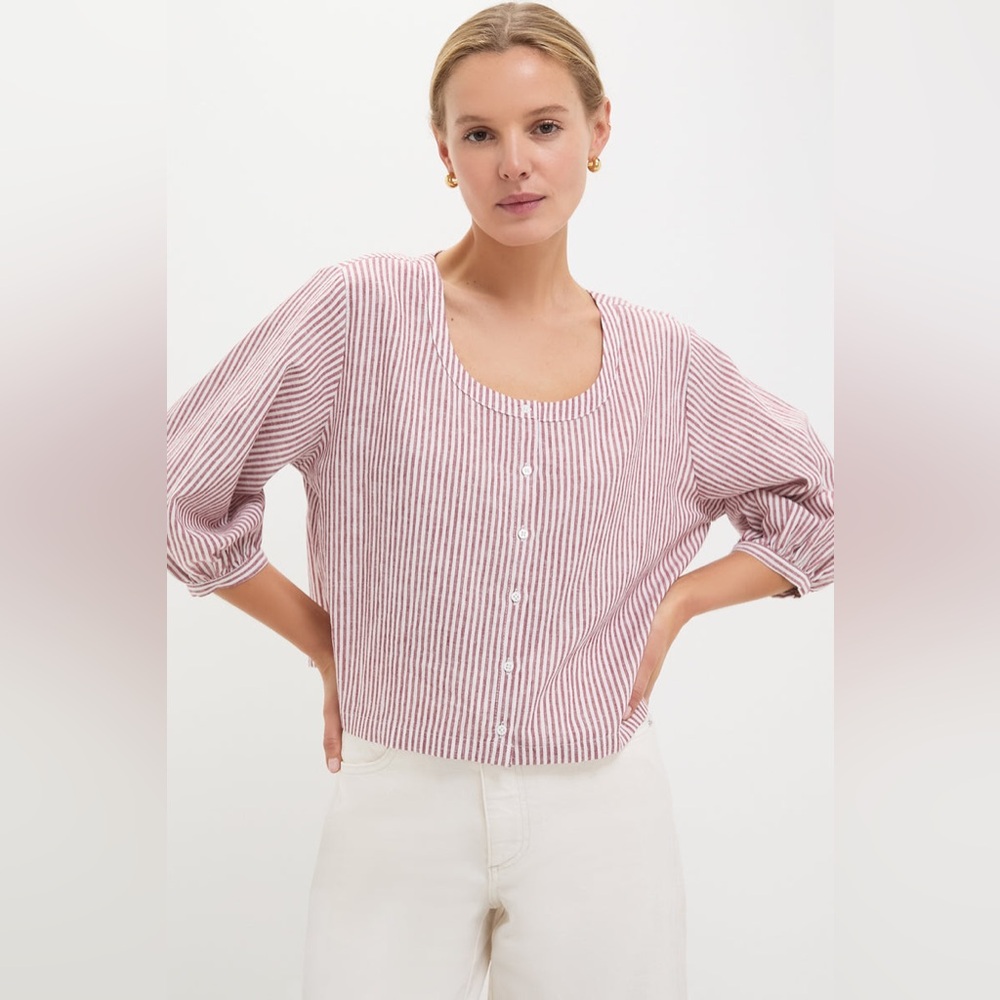 NWT Tuckernuck Red Stripe Linen Kennedi Blouse Size XXL Cream Boxy Preppy